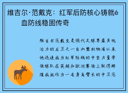 维吉尔·范戴克：红军后防核心铸就铁血防线稳固传奇