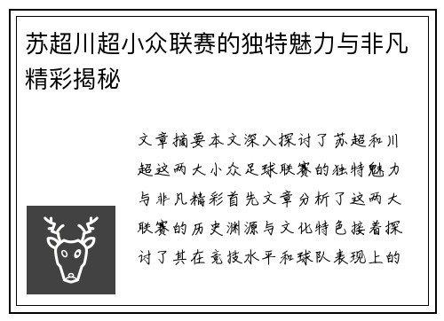苏超川超小众联赛的独特魅力与非凡精彩揭秘